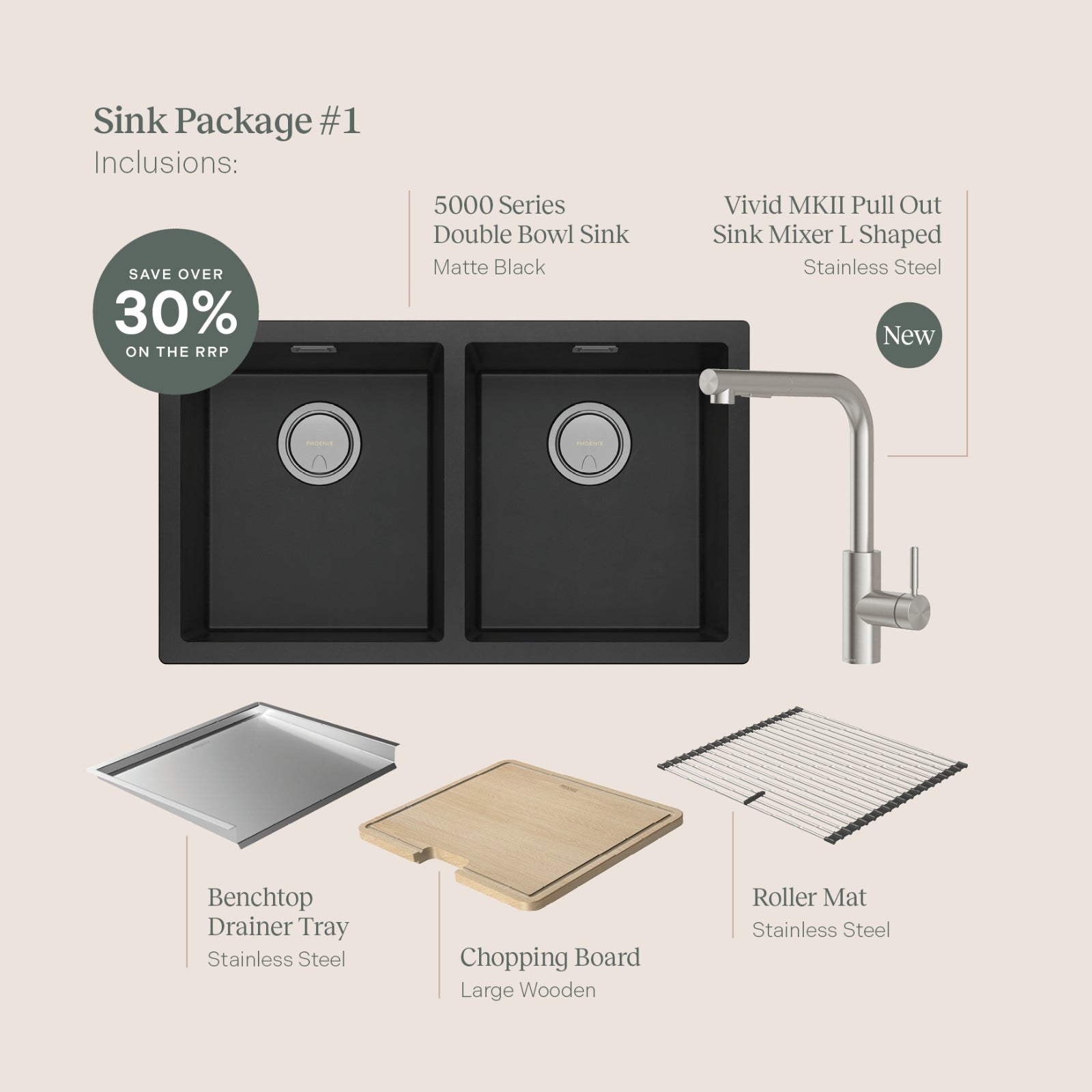 Details Phoenix Sink Package 1 - Matte Black Sink & Stainless Steel Mixer 312-2029-51 - The Blue Space