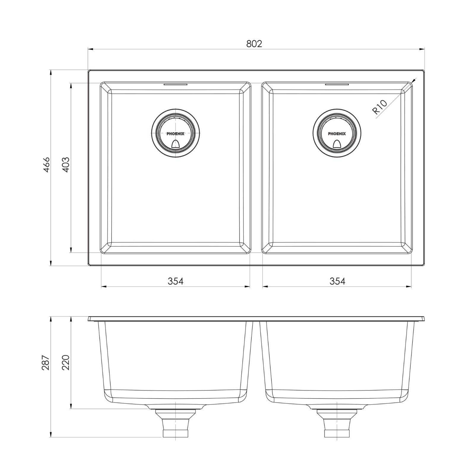 Technical Drawing Phoenix Sink Package 1 - Matte Black Sink & Stainless Steel Mixer 312-2029-51 - The Blue Space
