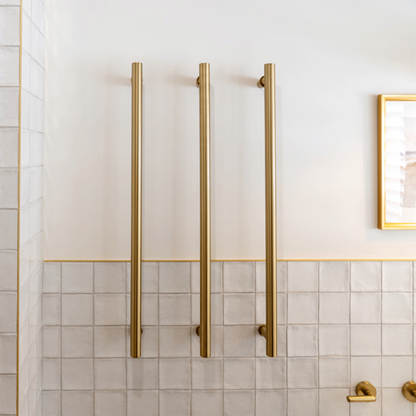 White Dianna Zellige Tile 100 x 100 x 9mm Spanish Ceramic and Phoenix brushed gold heated towel rail