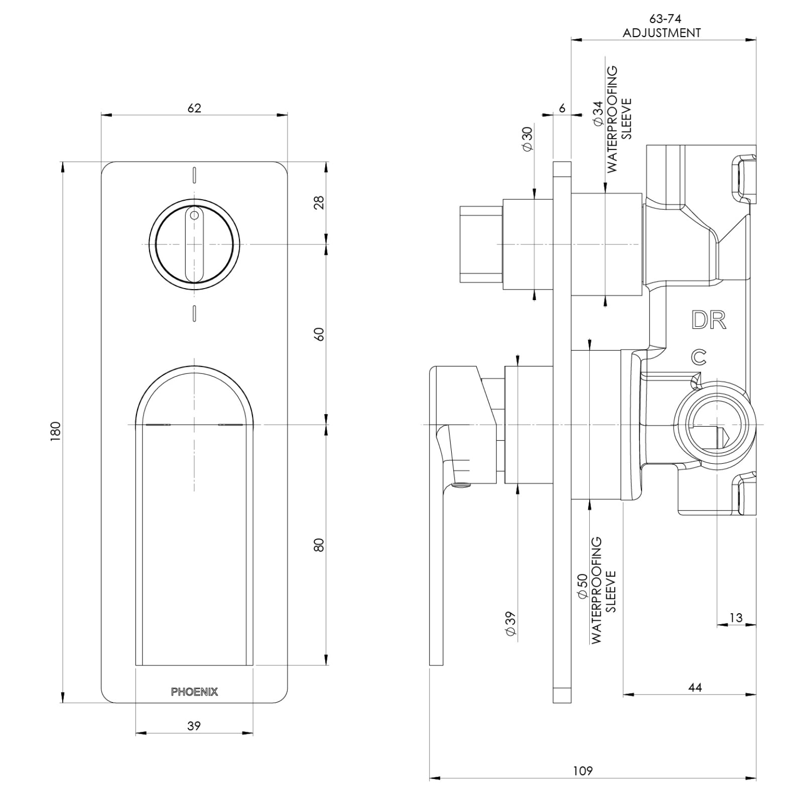 Technical Drawing Phoenix Teel Switchmix Shower Bath Diverter Mixer - Chrome 118-2910-00 - The Blue Space