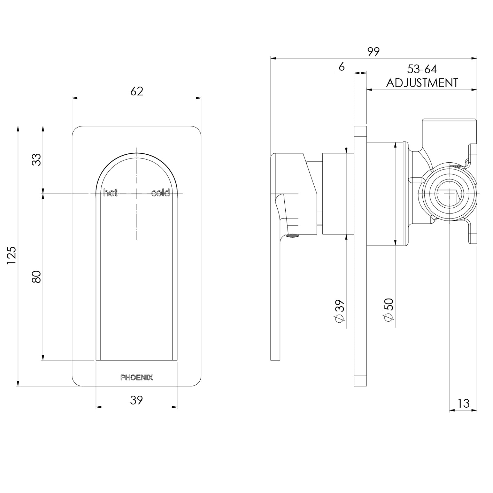 Technical Drawing Phoenix Teel Switchmix Shower Wall Mixer - Brushed Nickel 118-2800-40-1_KIT - The Blue Space