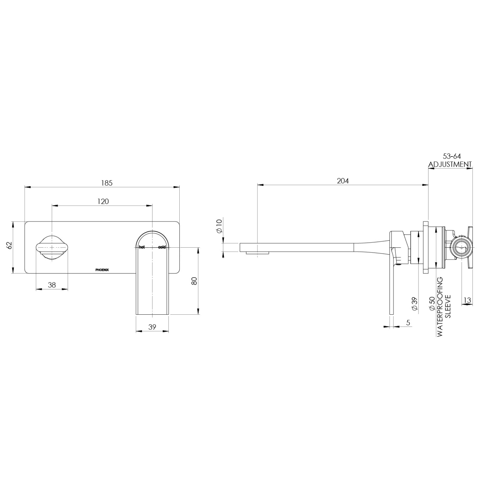 Technical Drawing Phoenix Teel SwitchMix Wall Basin / Bath Mixer Set 200mm Brushed Nickel (Complete Kit) 118-2810-40-1-KIT - The Blue Space