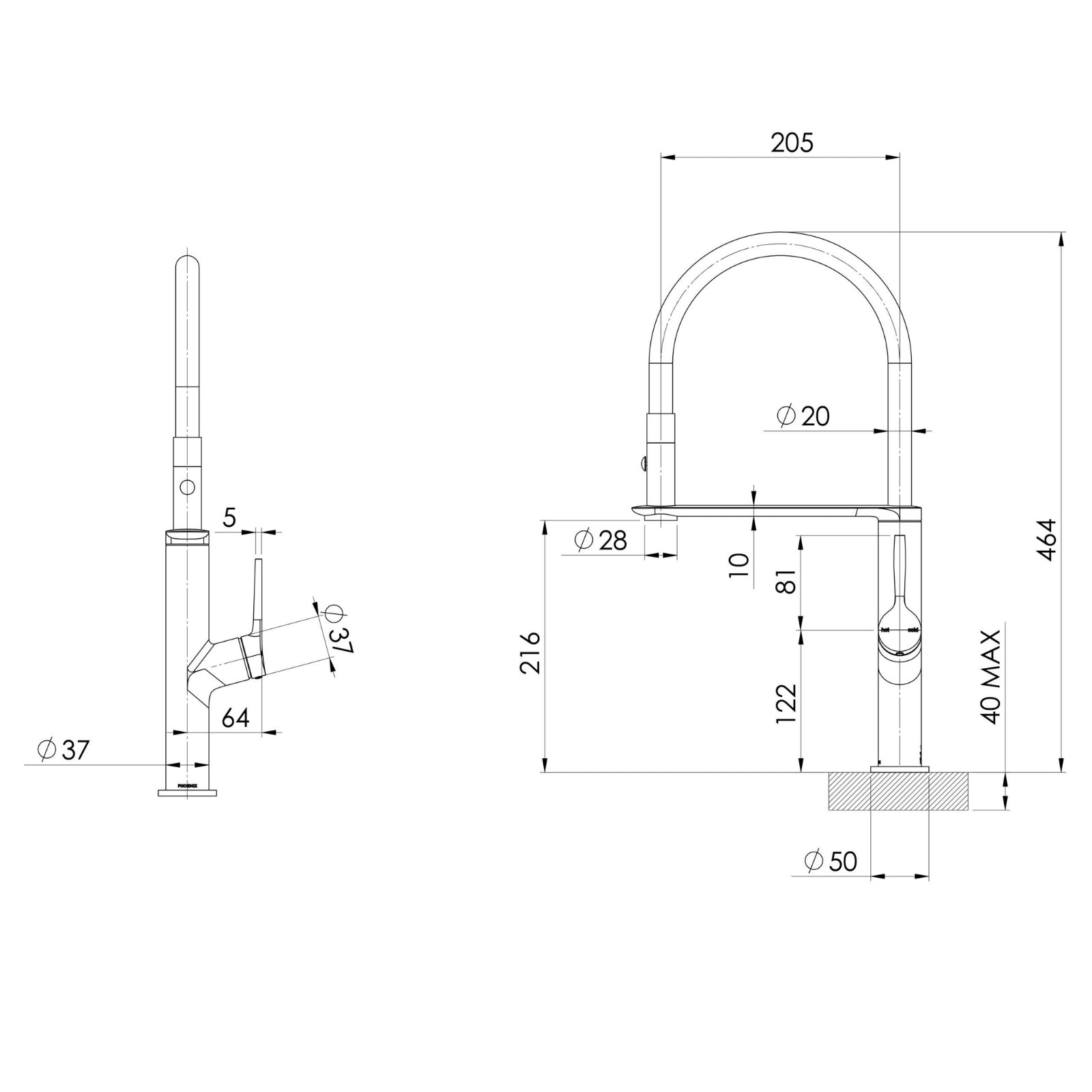 Technical Drawing Phoenix Flexible Hose Sink Mixer 200mm - Brushed Gold 139-7110-12-1 - The Blue Space