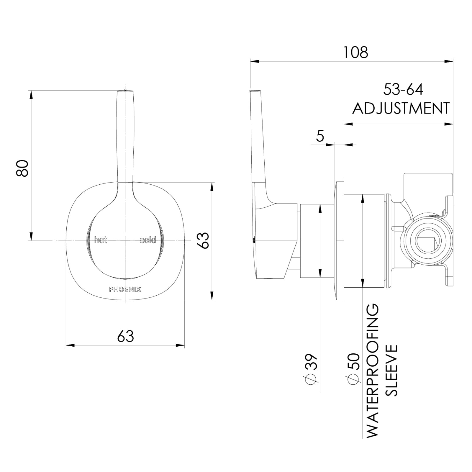 Technical Drawing Phoenix Switchmix Shower Wall Mixer Pin Up Fit Off Kit Only - Brushed Gold 139-2808-12-1 - The Blue Space