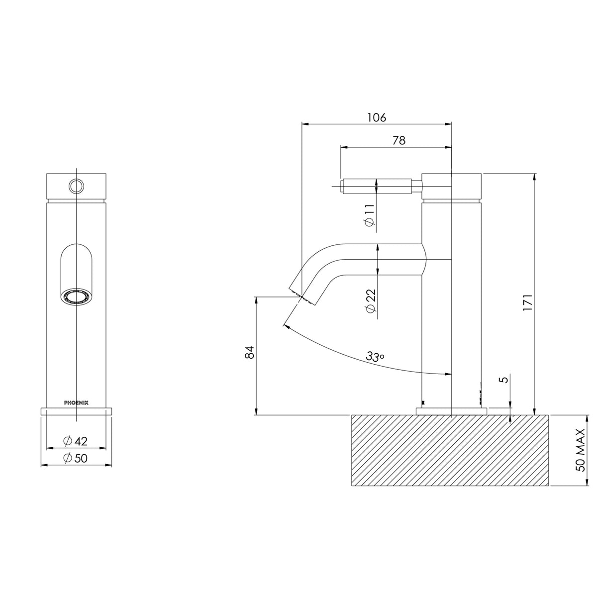 Technical Drawing Phoenix Vivid MKII Basin Mixer - Chrome 146-7700-00-1 - The Blue Space