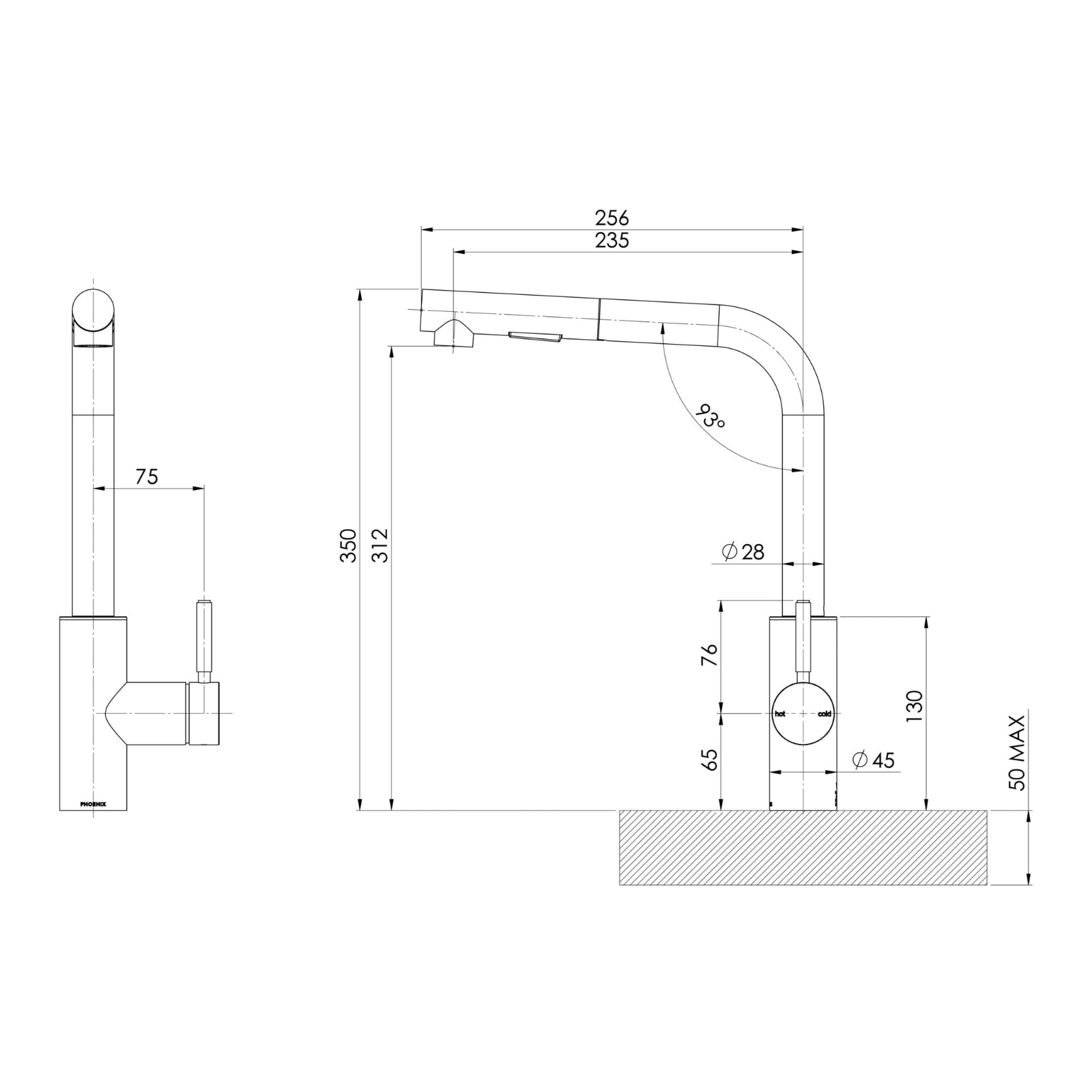Technical Drrawing Phoenix Vivid MKII Pull Out Sink Mixer 230mm L Shaped - Brushed Gold 146-7125-12-1 - The Blue Space
