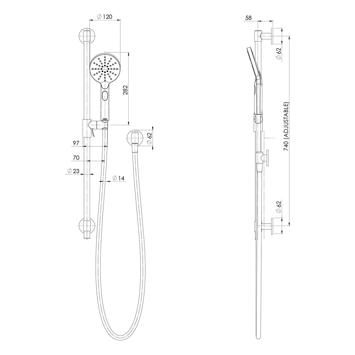 Technical Drawing Phoenix Vivid MKII Rail Shower - Brushed Nickel 146-6830-40