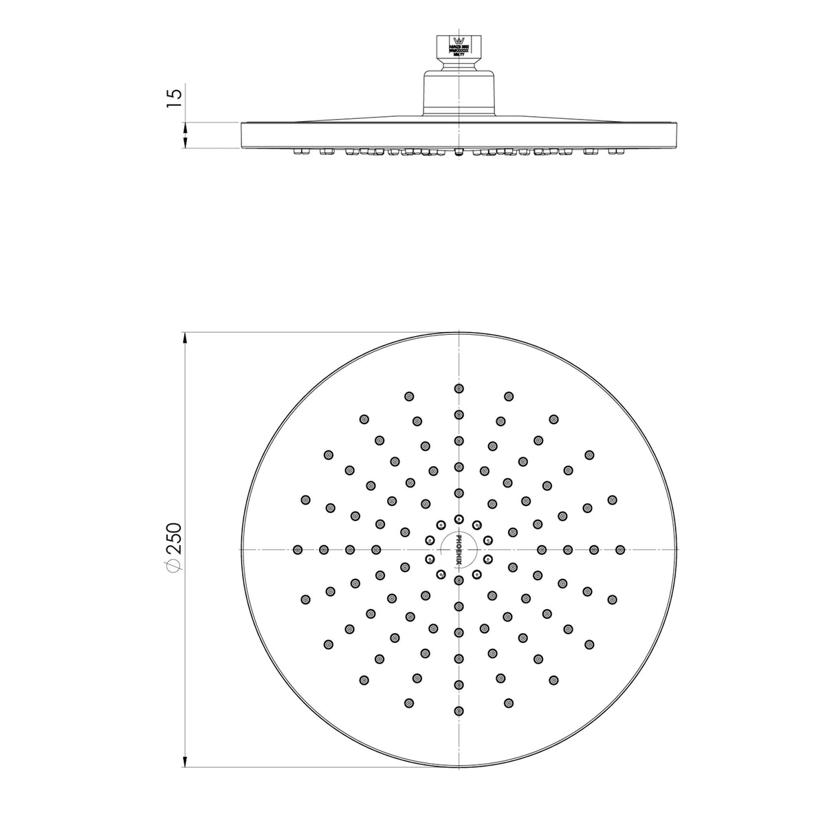 Technical Drawing Phoenix Vivid MKII Shower Rose 250mm - Brushed Carbon 146-5000-31
