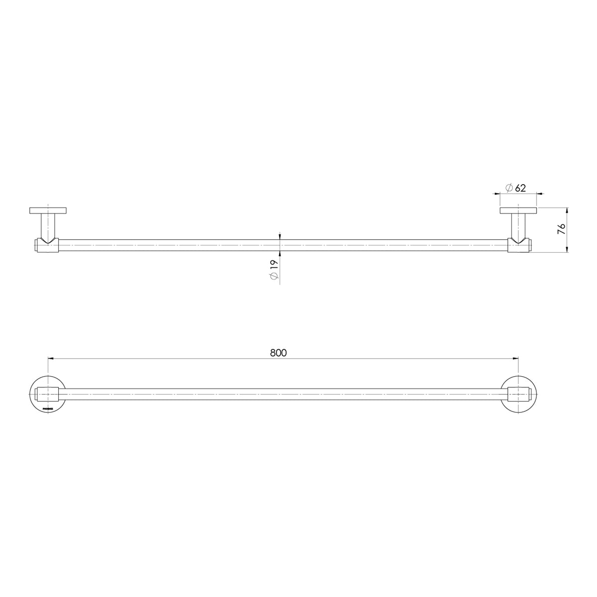 Technical Drawing Phoenix Vivid MKII Single Towel Rail 800mm - Brushed Bronze 146-8030-24