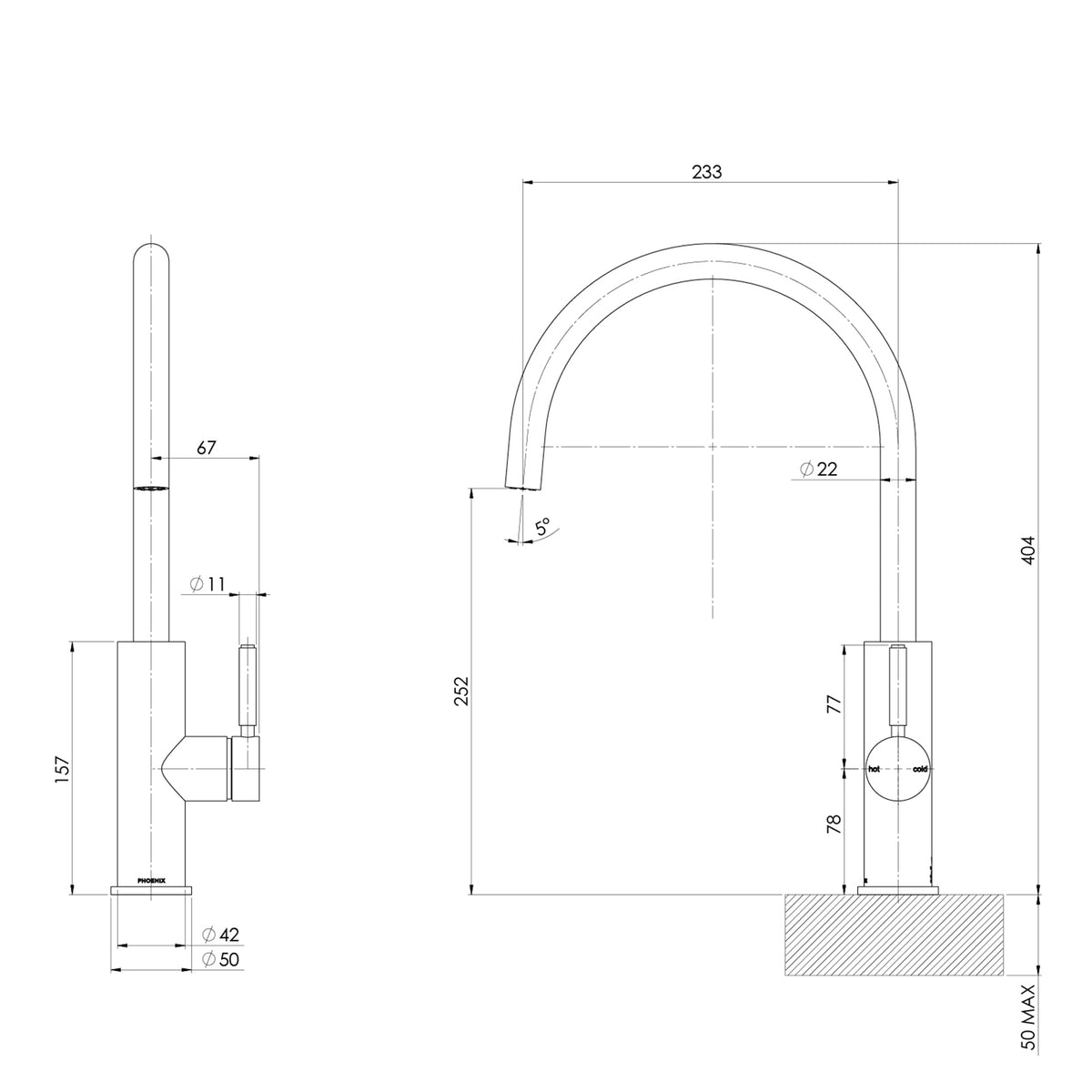 Technical Drawing Phoenix Vivid MKII Sink Mixer 230mm - Brushed Bronze 146-7330-24-1 - The Blue Space
