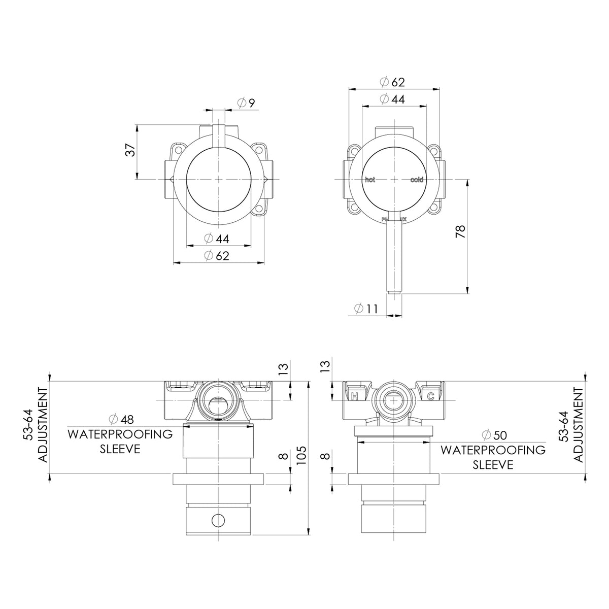 Technical Drawing Phoenix Vivid MKII Switchmix Shower Bath Diverter Mixer - Brushed Gold 146-2910-12-1 - The Blue Space