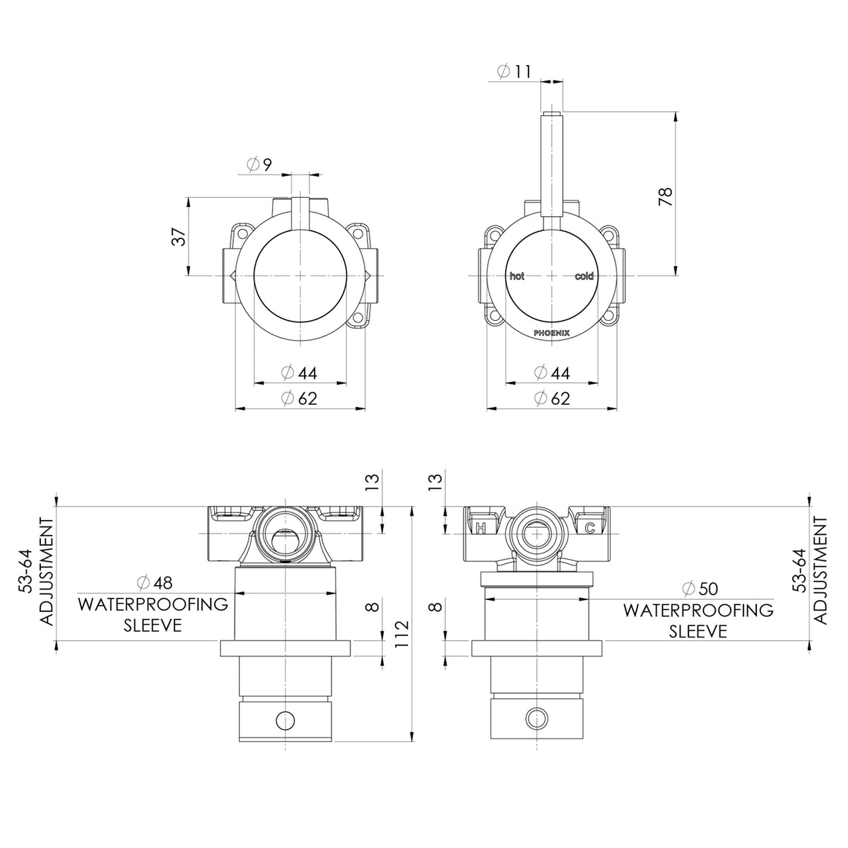 Technical Drawing Phoenix Vivid MKII Switchmix Shower Bath Diverter Mixer Pin Up - Brushed Nickel 146-2912-40-1 - The Blue Space