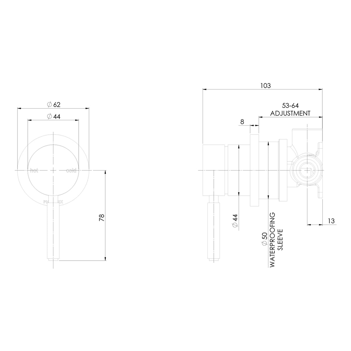 Technical Drawing Phoenix Vivid MKII Switchmix Shower Wall Mixer - Brushed Gold 146-2800-12-1 - The Blue Space