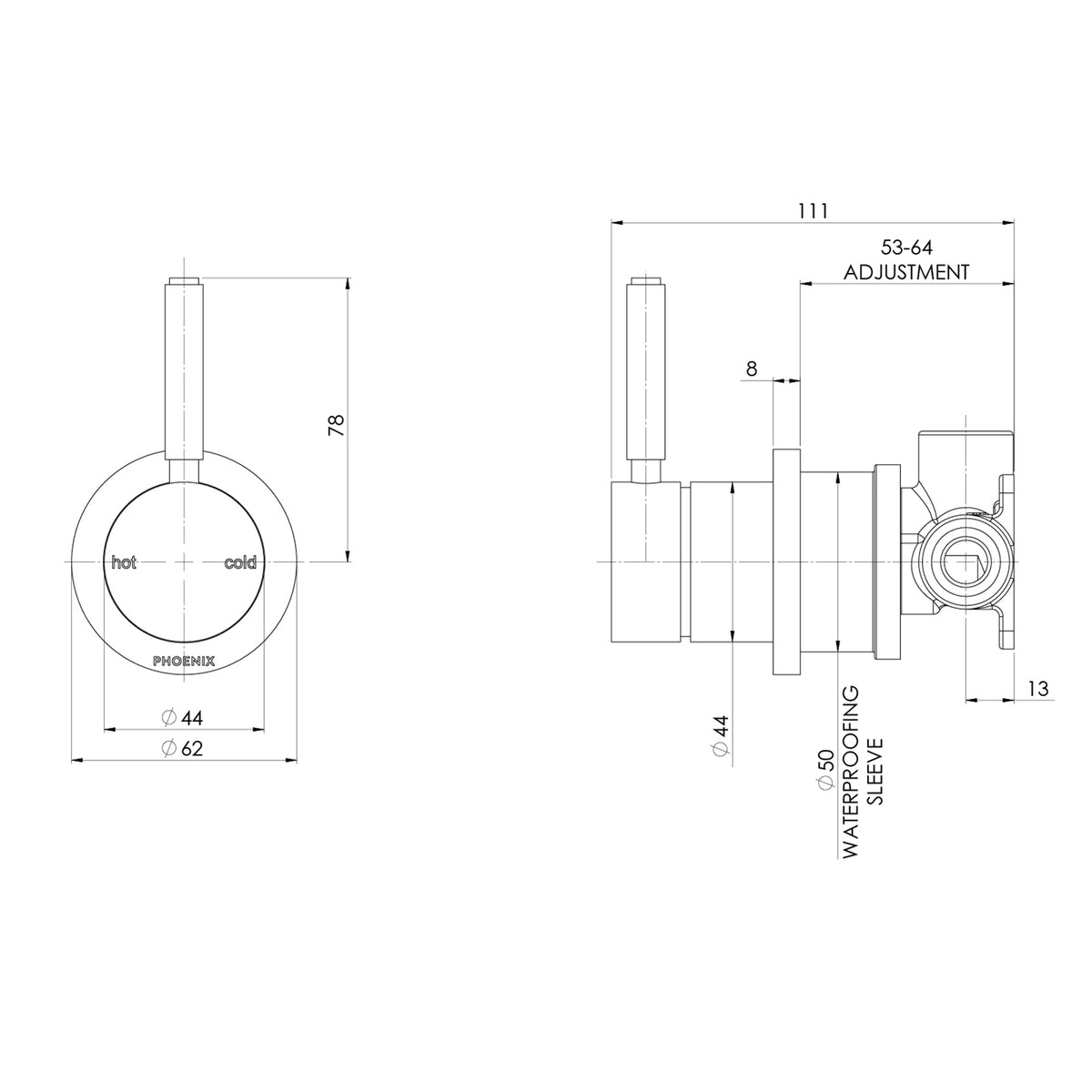 Technical Drawing Phoenix Vivid MKII Switchmix Shower Wall Mixer Pin Up - Brushed Nickel 146-2802-40-1 - The Blue Space