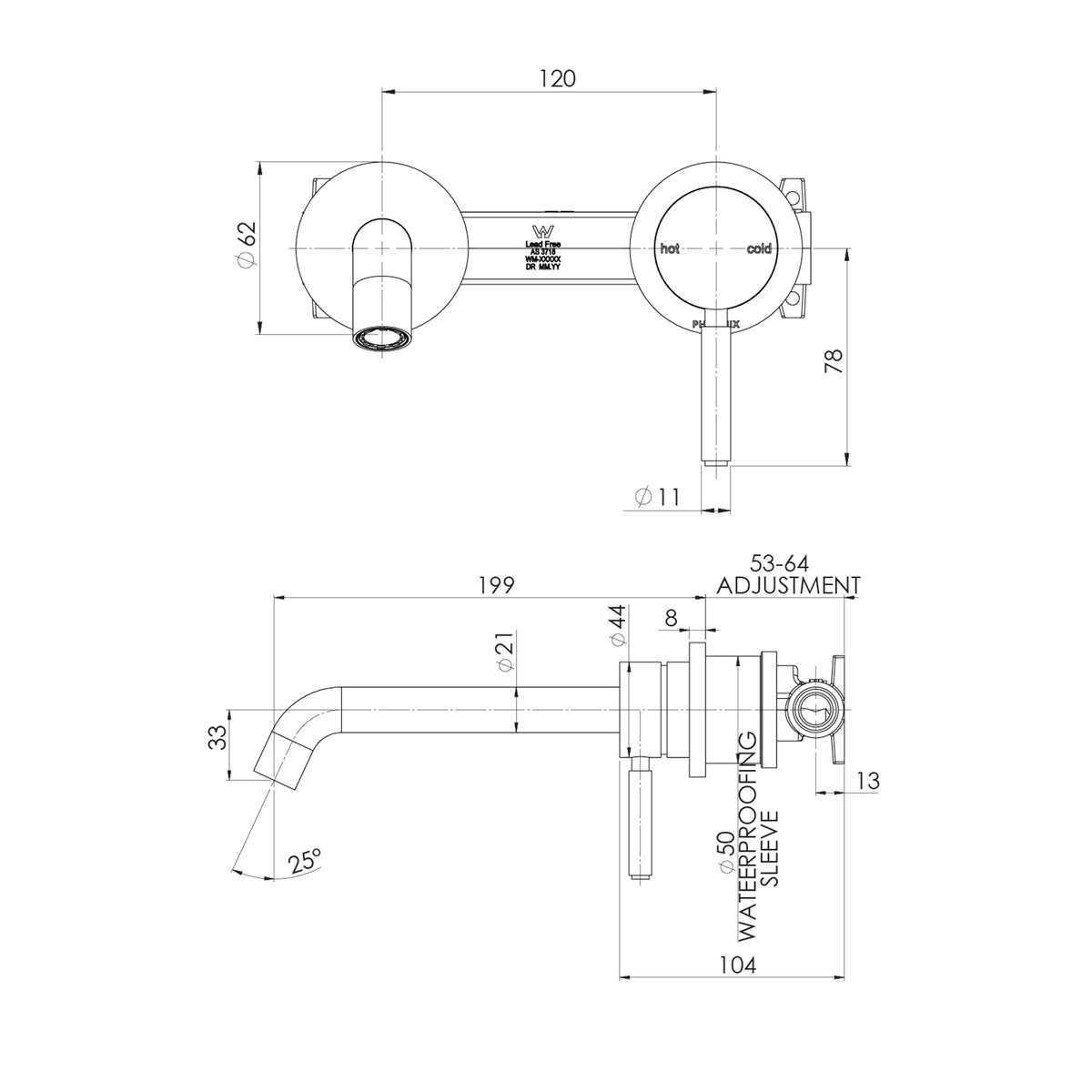 Technical Drawing Phoenix Vivid MKII Switchmix Wall Basin Bath Mixer Set 200mm - Chrome 146-2810-00-1 - The Blue Space