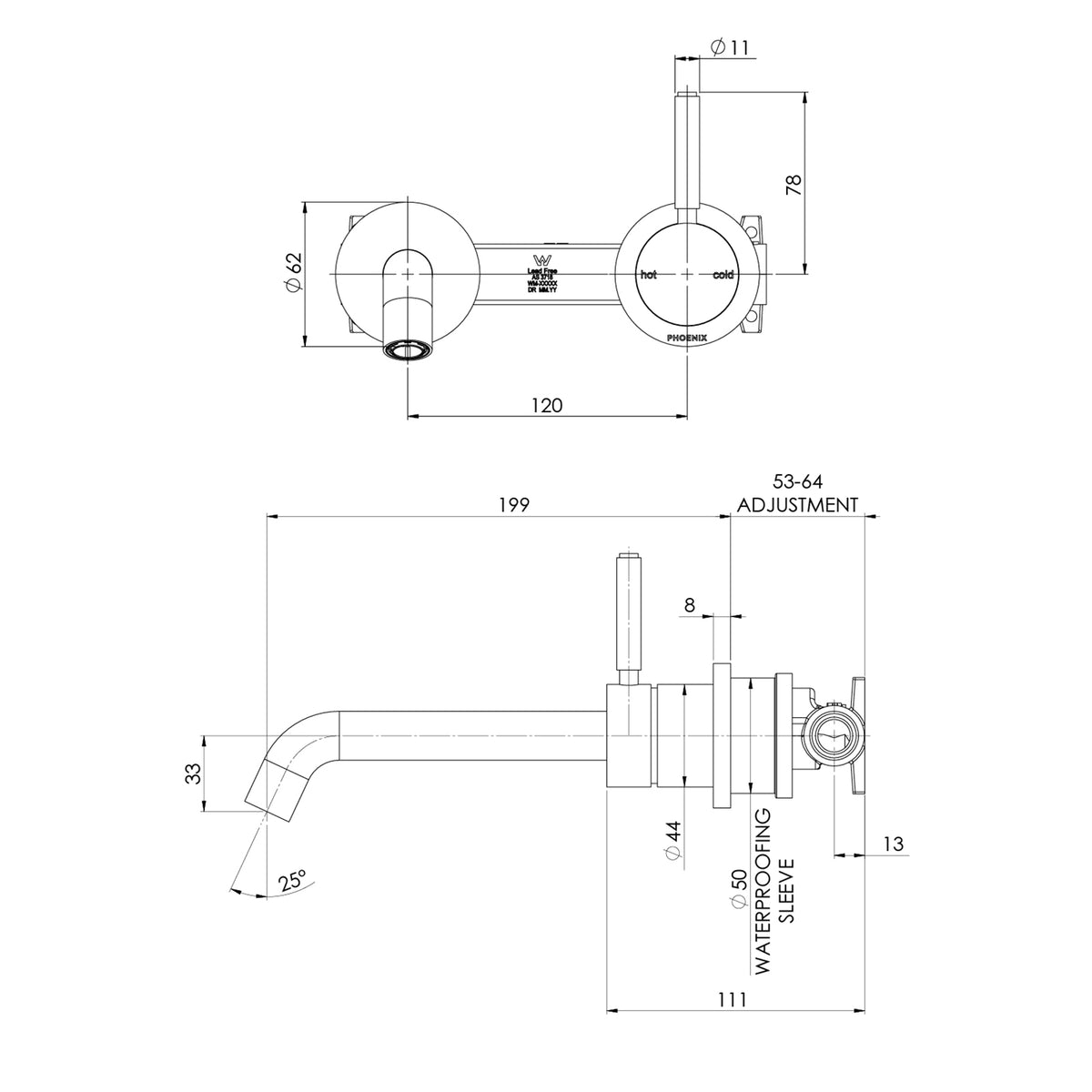 Technical Drawing Phoenix Vivid MKII Switchmix Wall Basin Bath Mixer Set 200mm Pin Up Fit Off Kit - Chrome 146-2822-00-1 - The Blue Space
