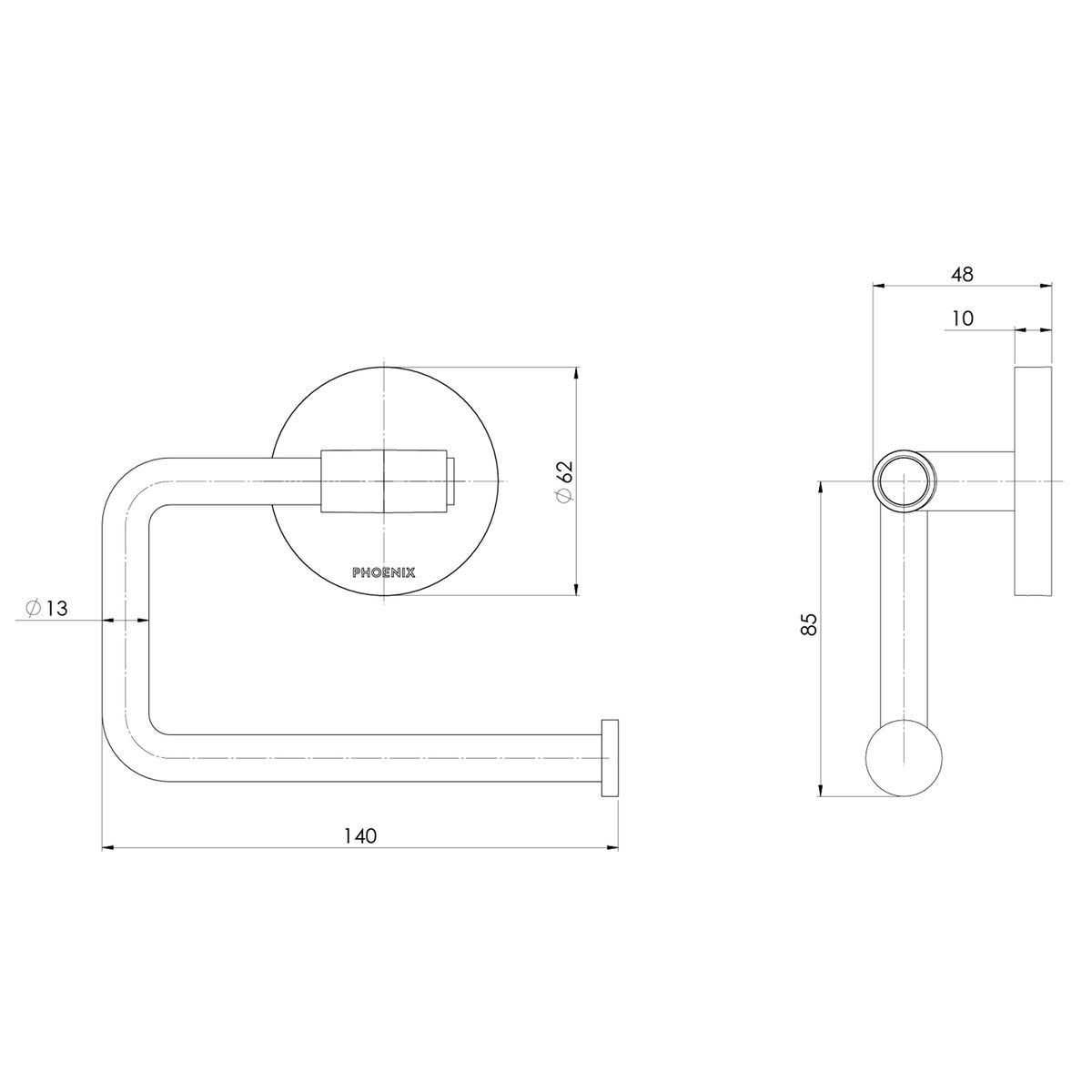 Technical Drawing Phoenix Vivid MKII Toilet Roll Holder - Brushed Gold 146-8200-12