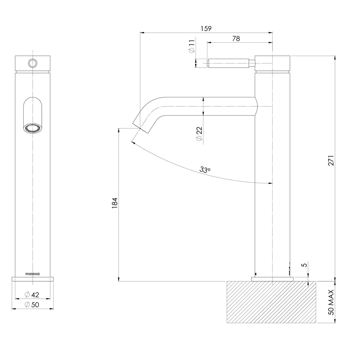 Technical Drawing Phoenix Vivid MKII Vessel Mixer - Brushed Nickel 146-7900-40-1 - The Blue Space