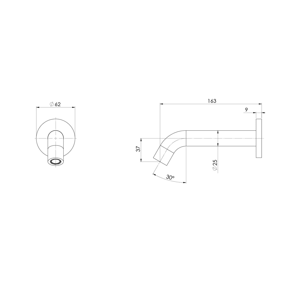 Technical Drawing Phoenix Vivid MKII Wall Basin Bath Outlet 160mm Curved - Brushed Bronze 146-0805-24-1 - The Blue Space