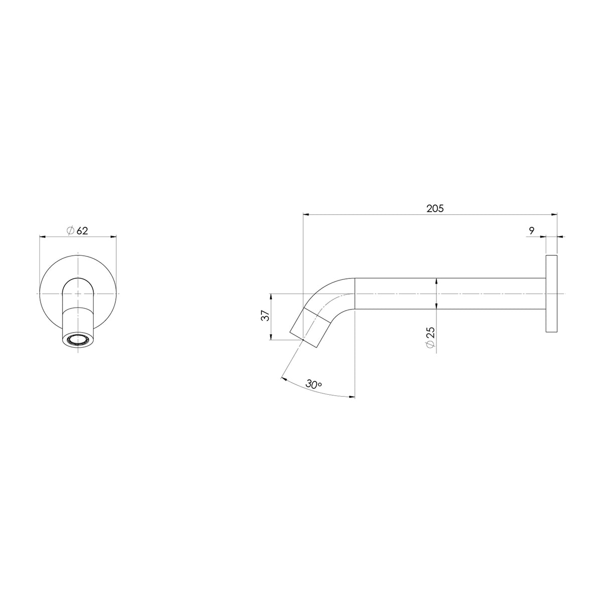 Technical Drawing Phoenix Vivid MKII Wall Basin Bath Outlet 200mm Curved - Brushed Nickel 146-0810-40-1 - The Blue Space
