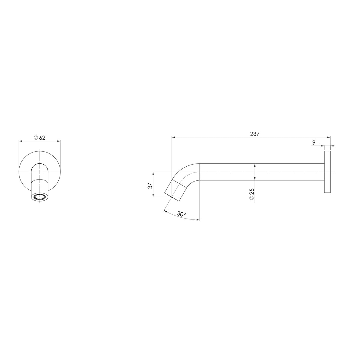 Technical Drawing Phoenix Vivid MKII Wall Basin Bath Outlet 240mm Curved - Brushed Bronze 146-0830-24-1 - The Blue Space