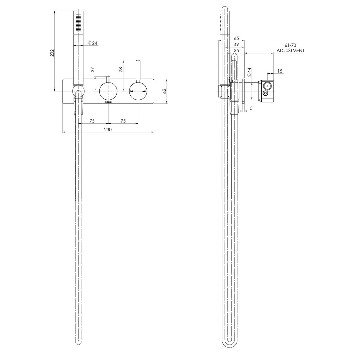 Technical Drawing Phoenix Vivid MKII Wall Shower System - Brushed Carbon 146-7490-31 - The Blue Space