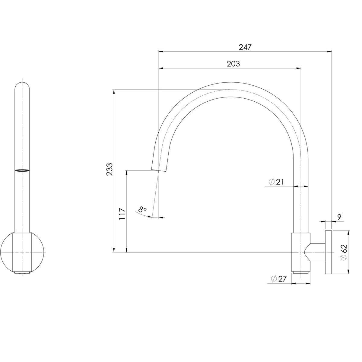 Technical Drawing Phoenix Vivid MKII Wall Sink Outlet 200mm Gooseneck - Brushed Carbon 146-0870-31-1 - The Blue Space