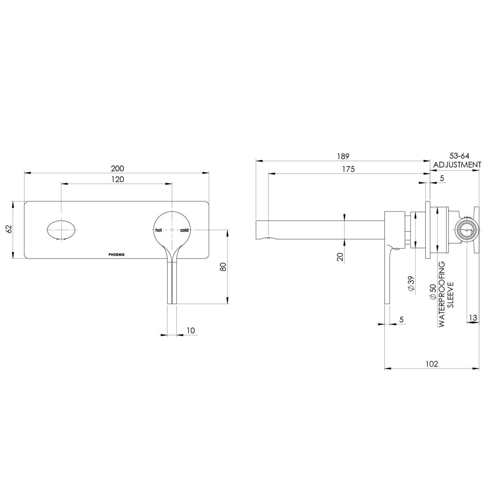 Technical Drawing Phoenix Vivid Slimline Oval SwitchMix Wall Basin / Bath Mixer Set 175mm Brushed Gold (Complete Kit) VV2810-12-1-KIT - The Blue Space