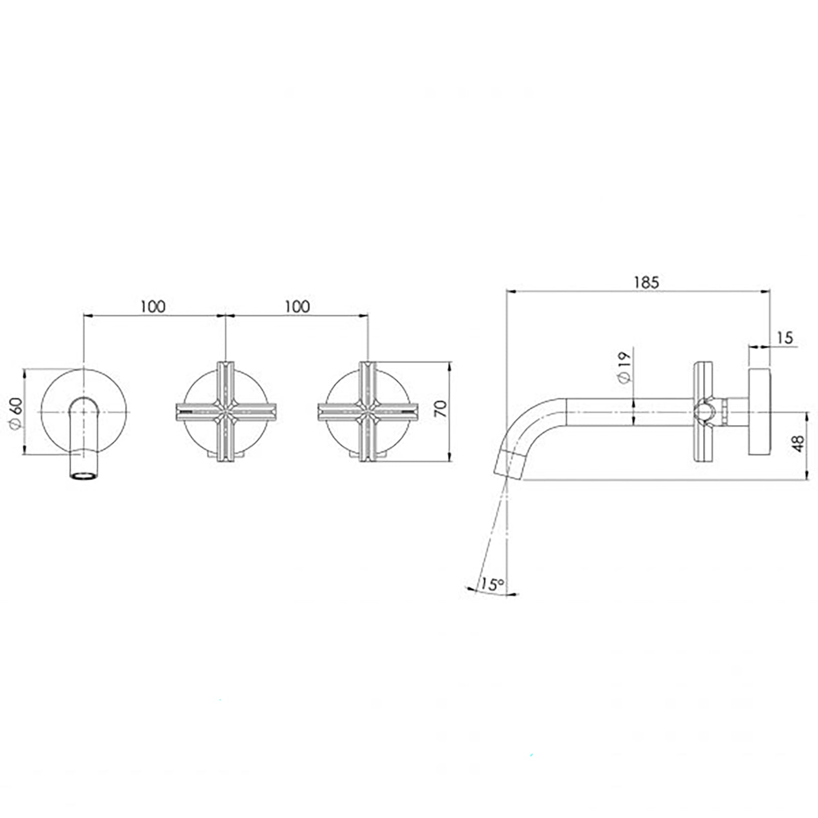 Technical Drawing Phoenix Vivid Slimline Plus Wall Basin Bath Hostess Set 180mm Outlet - Brushed Bronze 119-1125-24-1 - The Blue Space