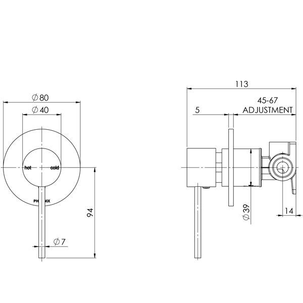 Phoenix Vivid Slimline Shower/Wall Mixer-Brushed Nickel - specs - line drawing and dimensions