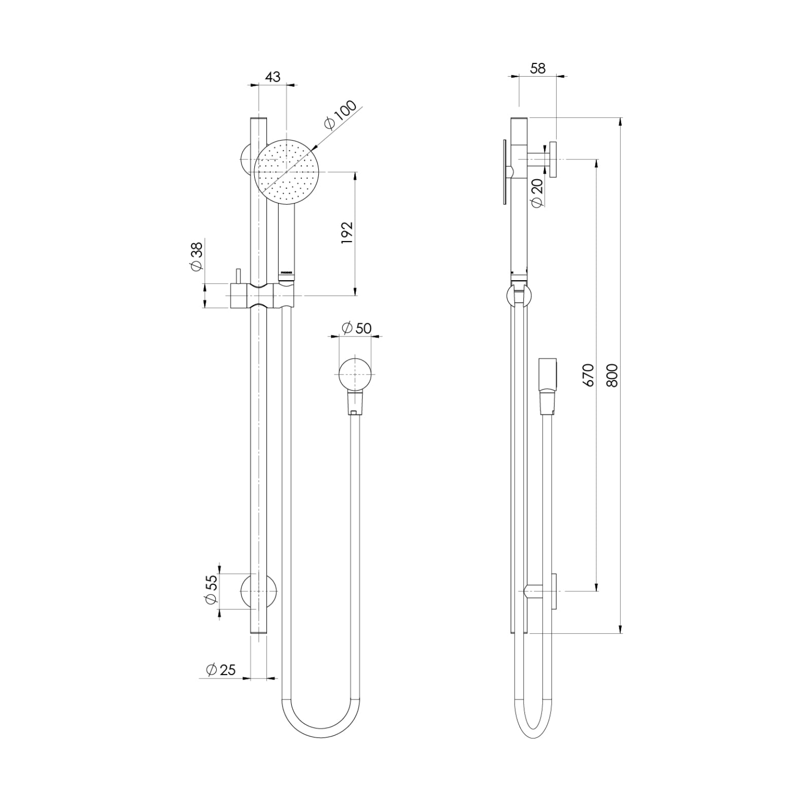 Technical Drawing Phoenix Vivid Slimline SS 316 Rail Shower 316-6810-51 - The Blue Space