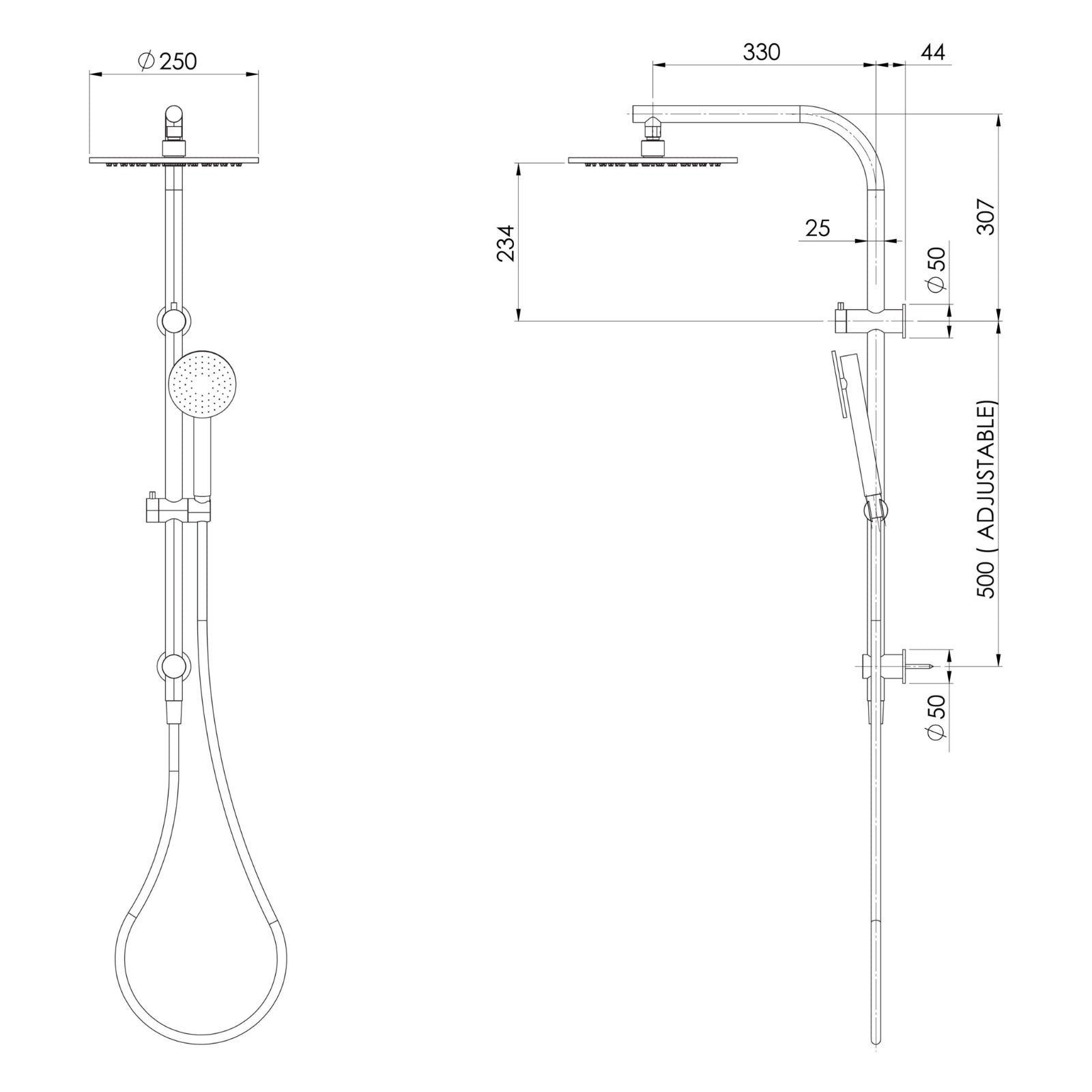 Technical Drawing Phoenix Vivid Slimline SS 316 Twin Shower 316-6500-51 - The Blue Space