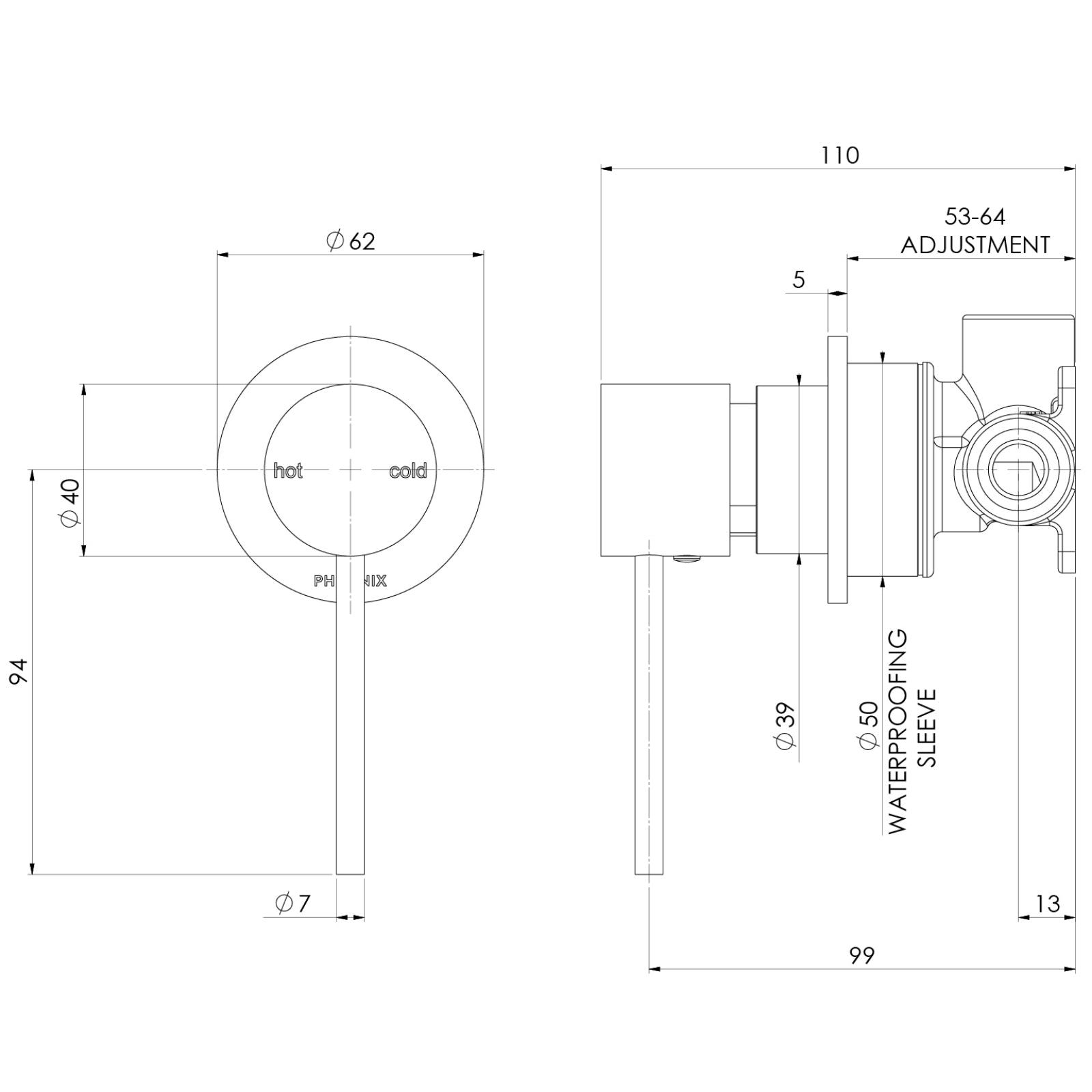 Technical Drawing Phoenix Vivid Slimline SwitchMix Shower / Wall Mixer 60mm Backplate Chrome (Complete Kit) VS2801-00-1-KIT - The Blue Space