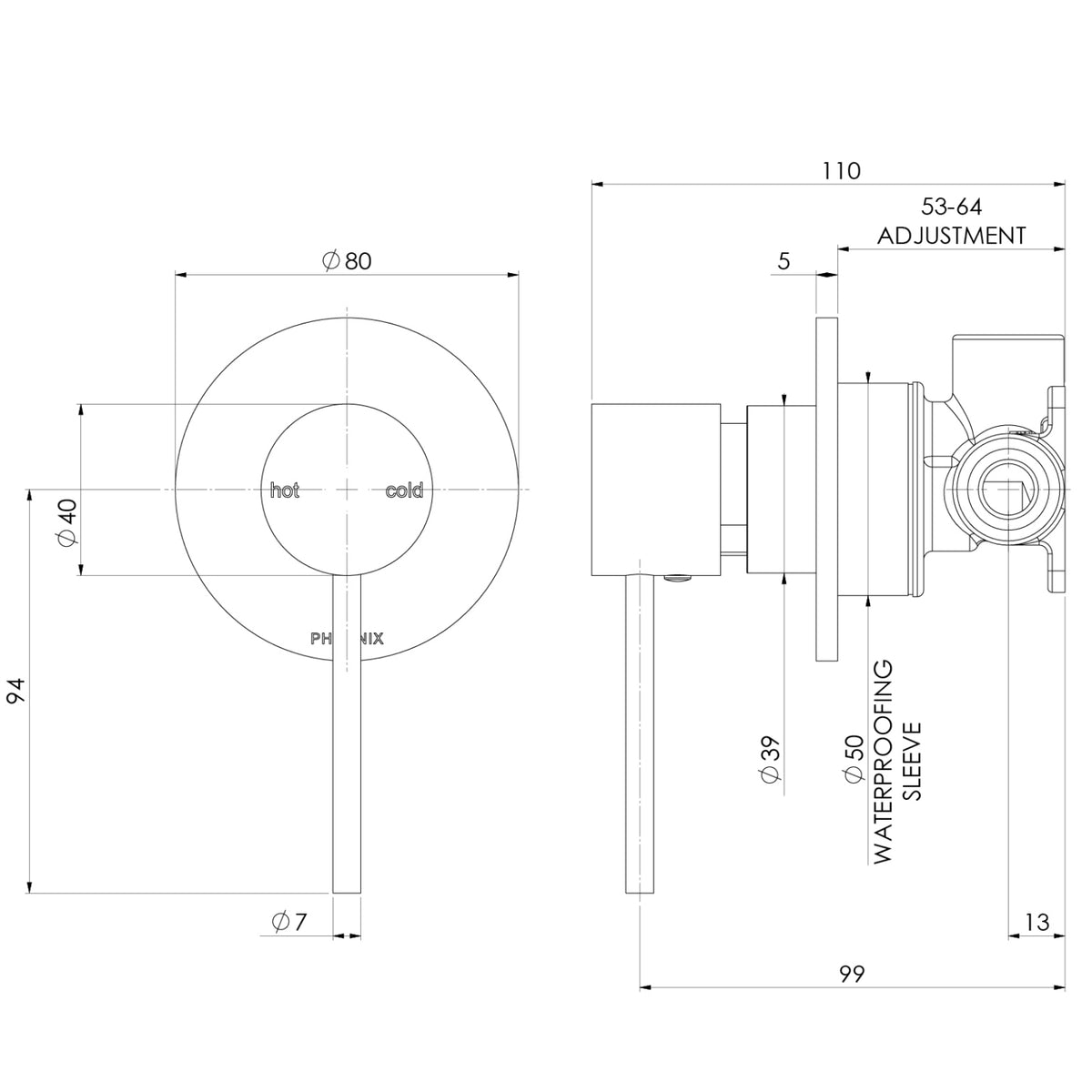 Technical Drawing Phoenix Vivid Slimline SwitchMix Shower / Wall Mixer Chrome (Complete Kit) VS2800-00-1-KIT - The Blue Space
