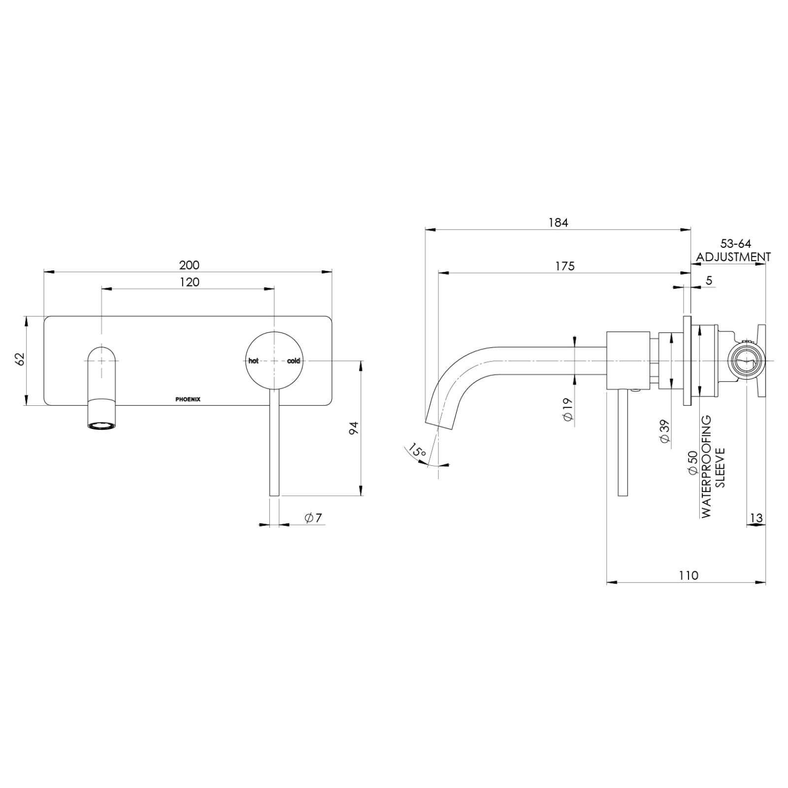 Technical Drawing Phoenix Vivid Slimline SwitchMix Wall Basin / Bath Mixer Set 180mm Brushed Nickel (Complete Kit) VS2810-40-1-KIT - The Blue Space