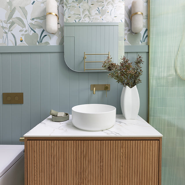 Lifestyle Phoenix Vivid Slimline Wall Basin Tap Set 180mm Curved Brushed Gold - The Blue Space