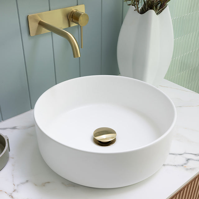 Lifestyle Phoenix Vivid Slimline Wall Basin Tap Set 180mm Curved Brushed Gold - The Blue Space