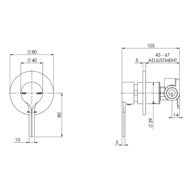 Technical Drawing Phoenix Vivid Slimline SwitchMix Wall/Shower Mixer Matte Black (Complete Kit) VV2800-10 - The Blue Space