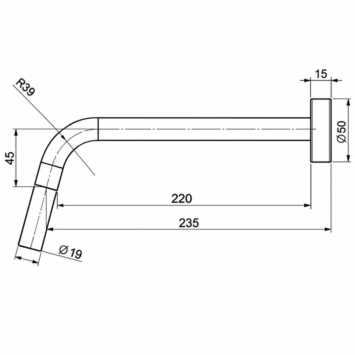Technical Drawing Phoenix Vivid Slimline Wall Bath Outlet 230mm Curved - Brushed Gold VS7640-12-1 - The Blue Space