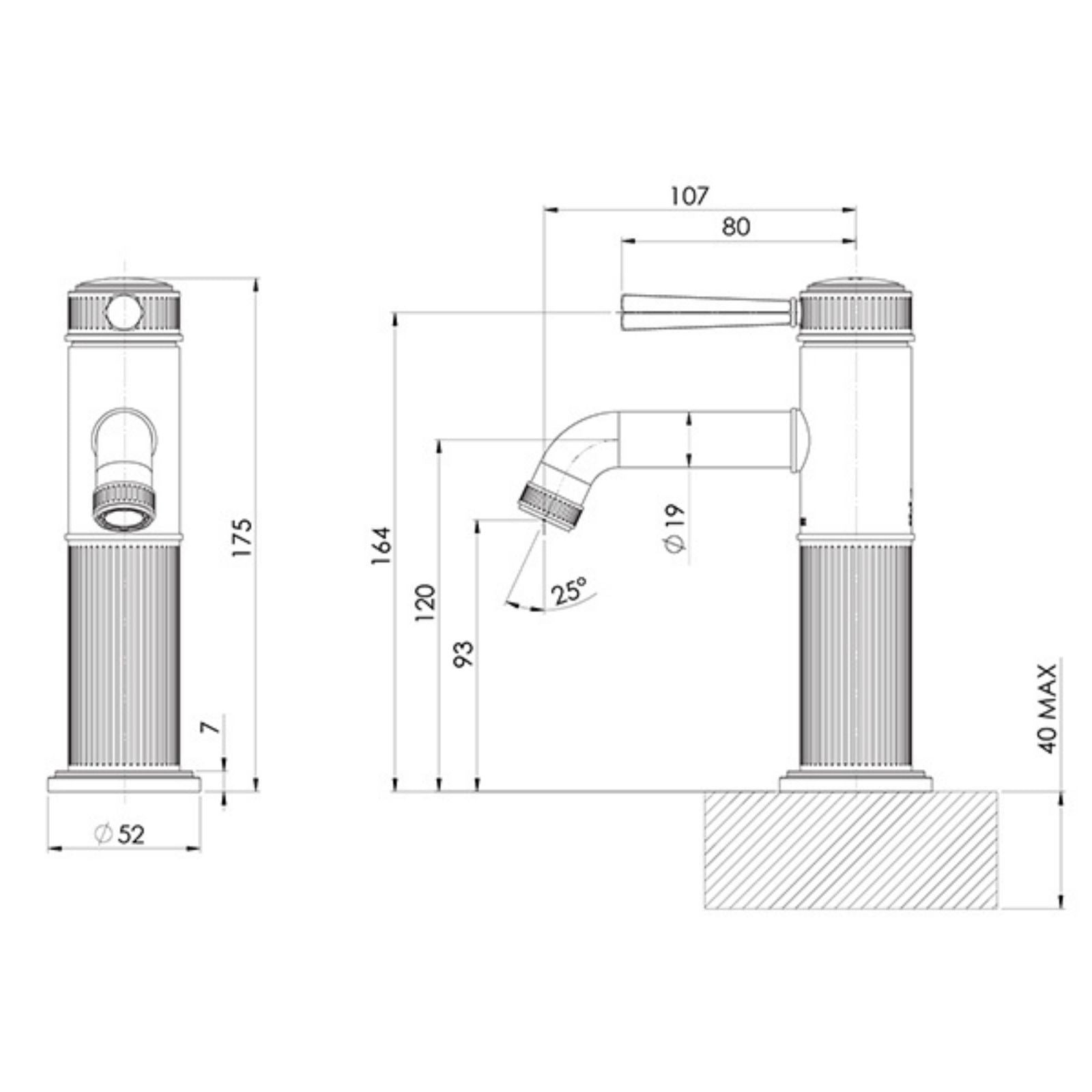 Technical Drawing Phoenix Wiltern Basin Mixer - Brushed Gold 144-7700-12-1 - The Blue Space