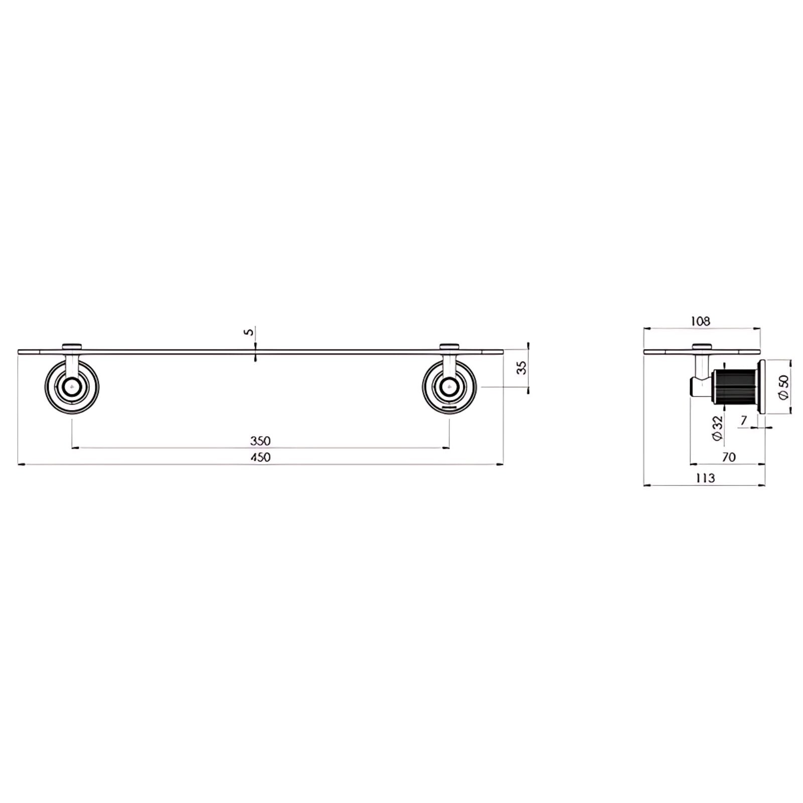 Technical Drawing Phoenix Wiltern Glass Shelf 450mm Chrome 144-8600-00 - The Blue Space