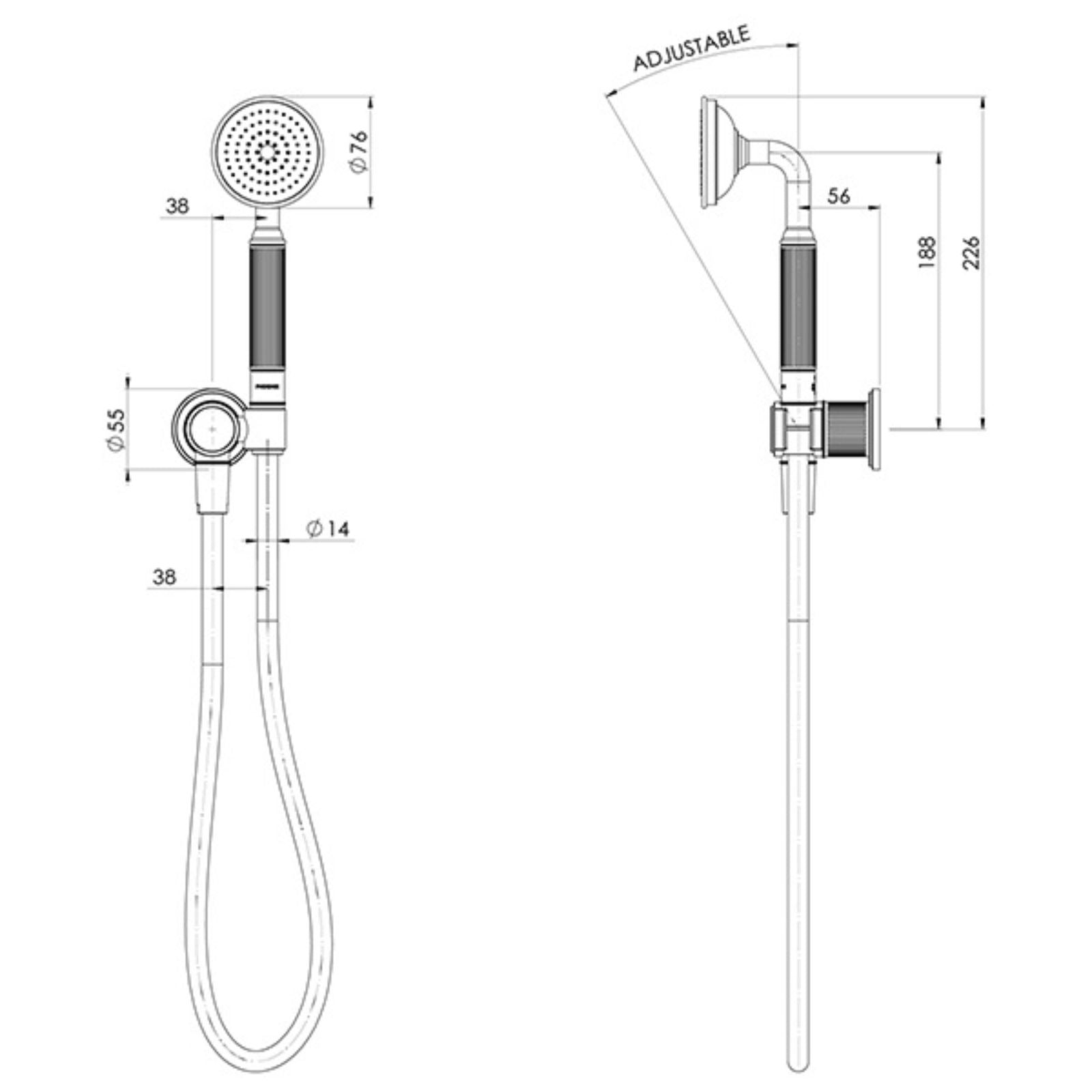 Technical Drawing Phoenix Wiltern Hand Shower Brushed Nickel 144-6710-40 - The Blue Space