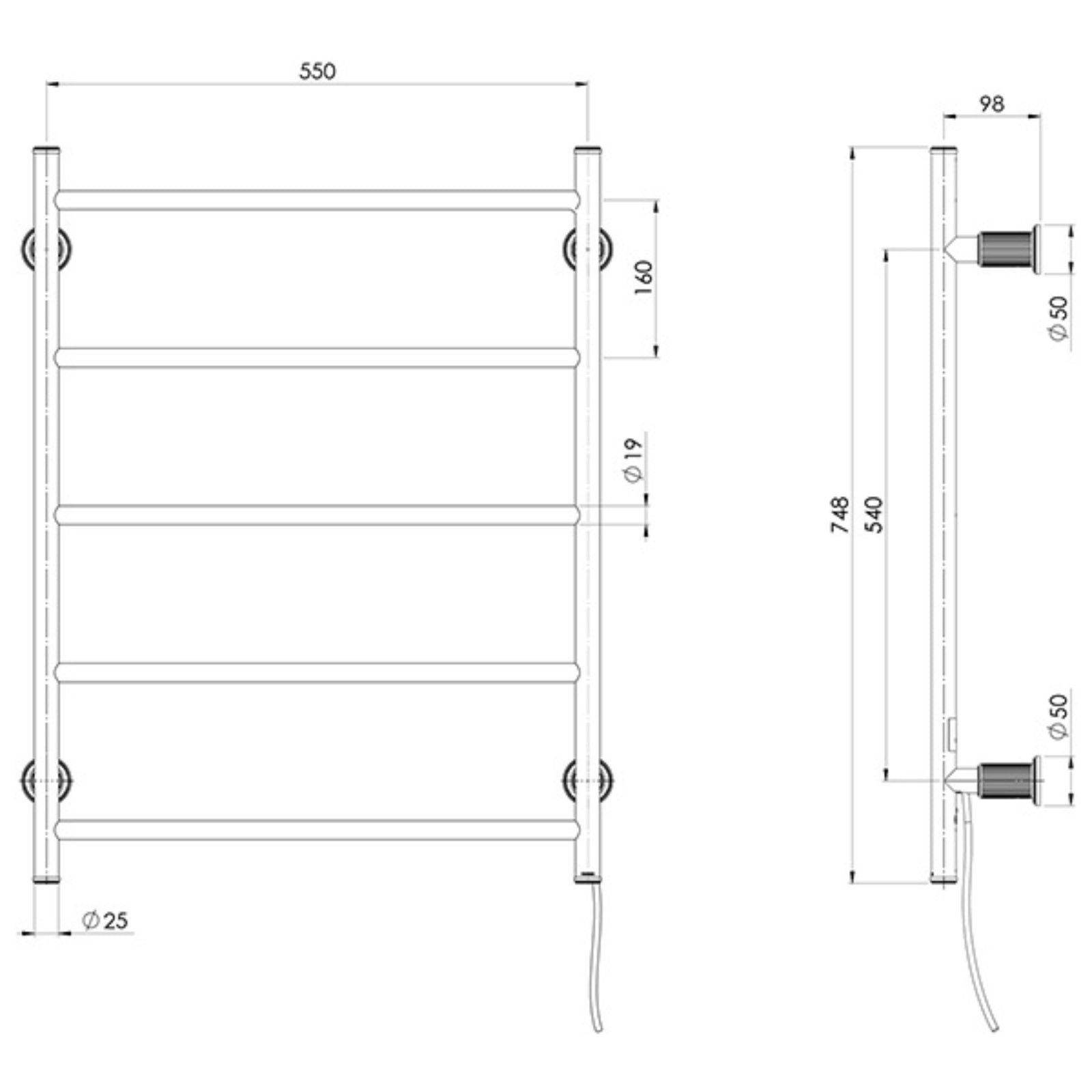 Technical Drawing Phoenix Wiltern Heated Towel Ladder 550mm x 750mm Chrome 144-8750-00 - The Blue Space