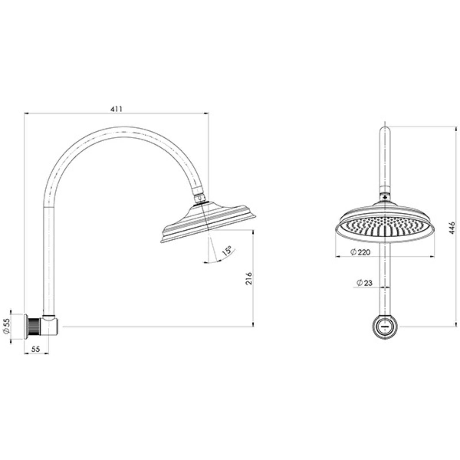 Technical Drawing Phoenix Wiltern High-Rise Shower Arm & Rose Brushed Gold 144-5300-12 - The Blue Space
