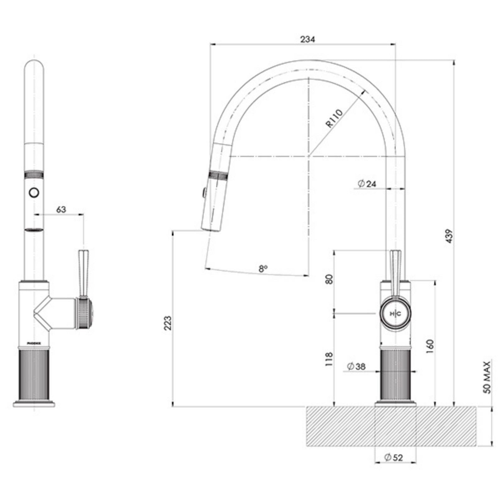 Technical Drawing Phoenix Wiltern Pull Out Sink Mixer 230mm - Brushed Nickel 144-7105-40-1 - The Blue Space