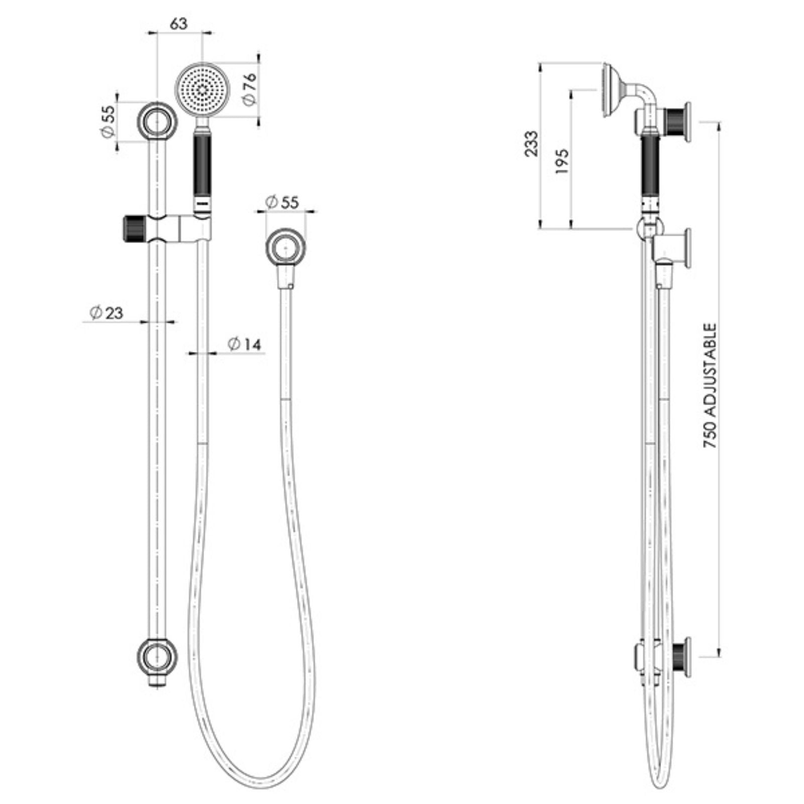 Technical Drawing Phoenix Wiltern Rail Shower Brushed Gold 144-6810-12 - The Blue Space