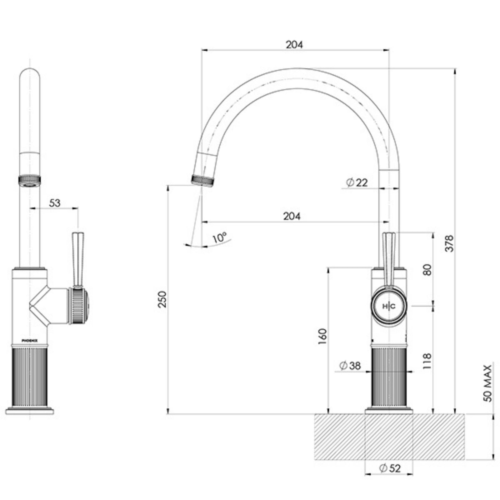 Technical Drawing Phoenix Wiltern Sink Mixer 200mm - Brushed Nickel 144-7330-40-1 - The Blue Space