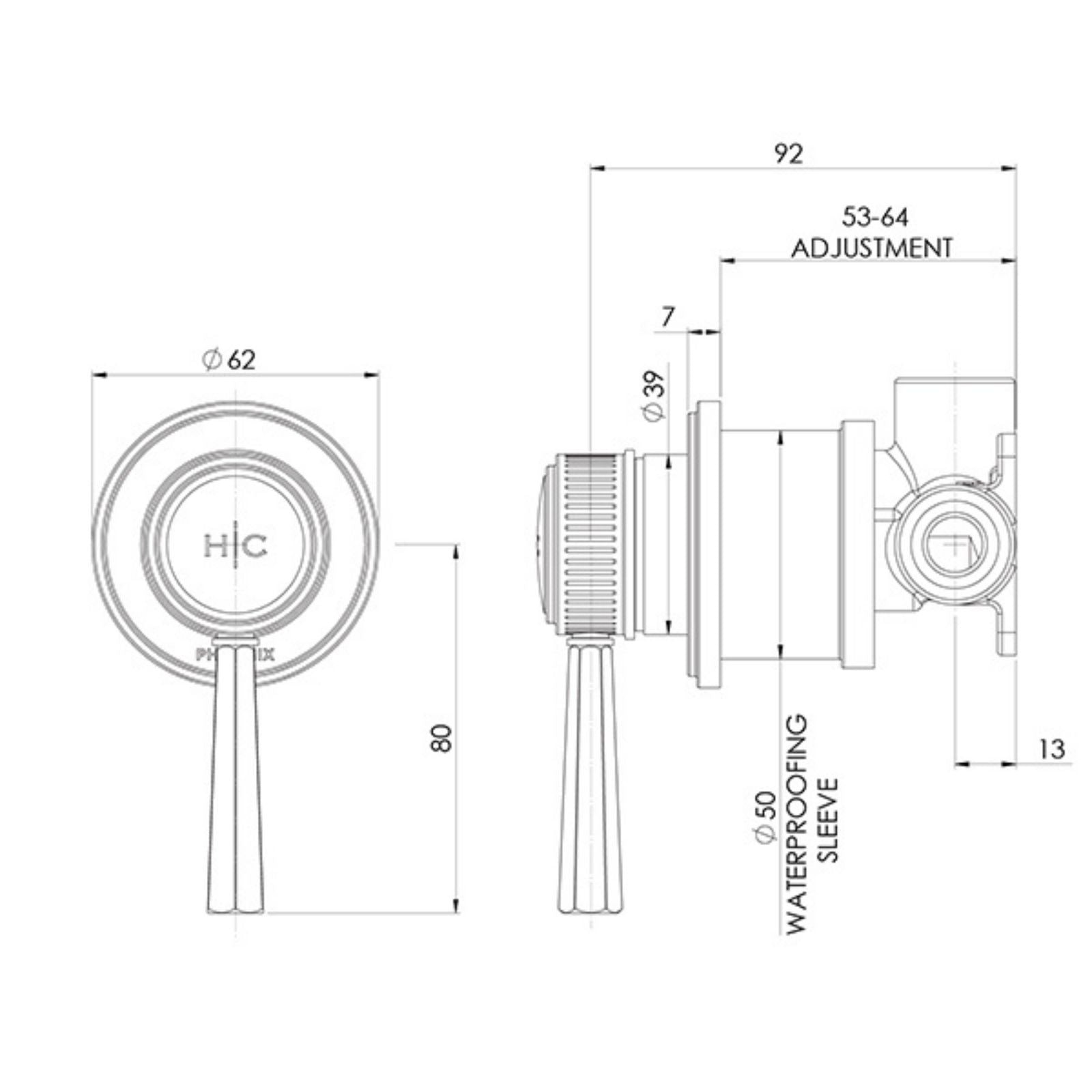 Technical Drawing Phoenix Wiltern SwitchMix Shower / Wall Mixer (Complete Kit) - Brushed Gold 144-2800-12-1 - The Blue Space