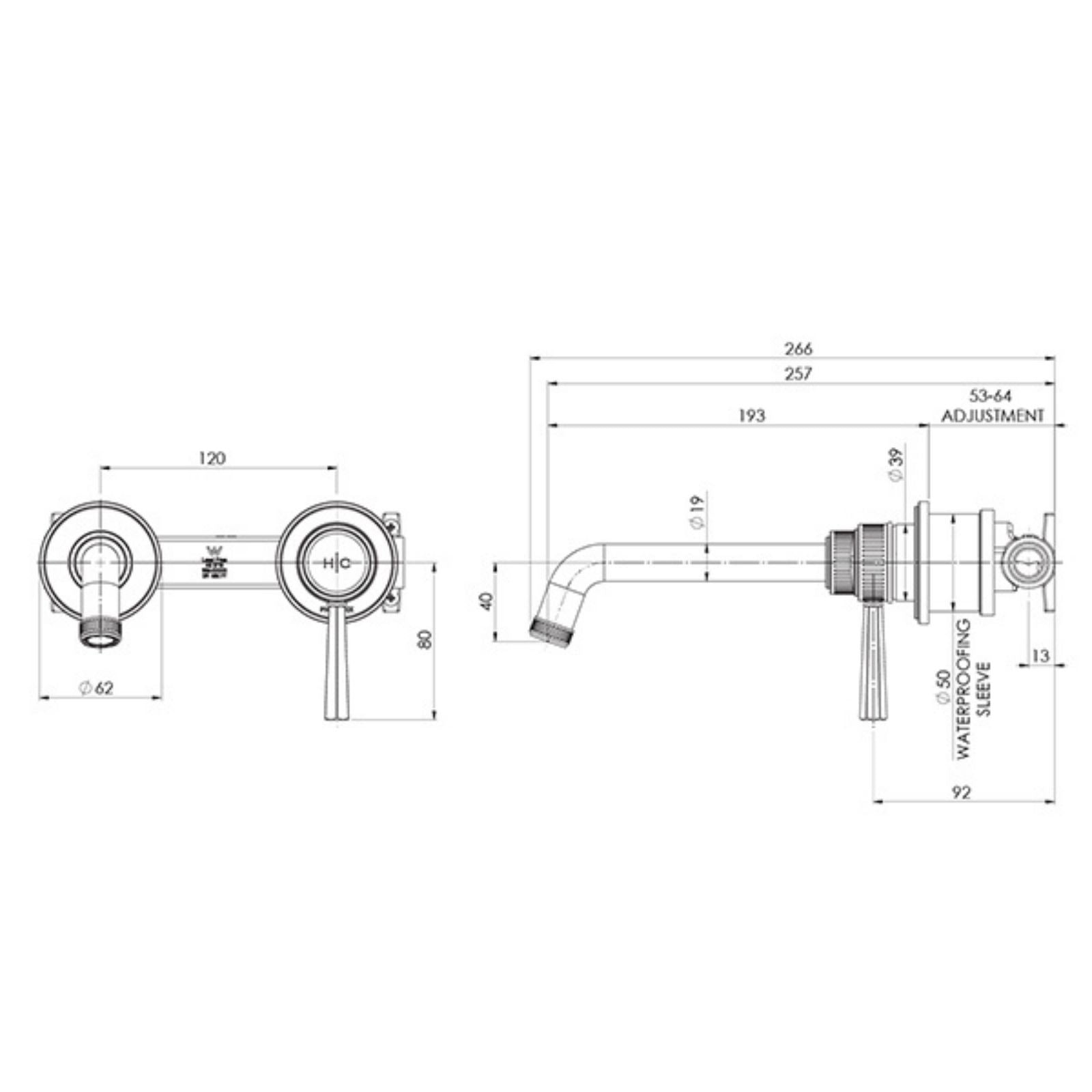 Technical Drawing Phoenix Wiltern SwitchMix Wall Basin / Bath Mixer Set 190mm (Complete Kit) - Brushed Nickel 144-2810-40-1 - The Blue Space