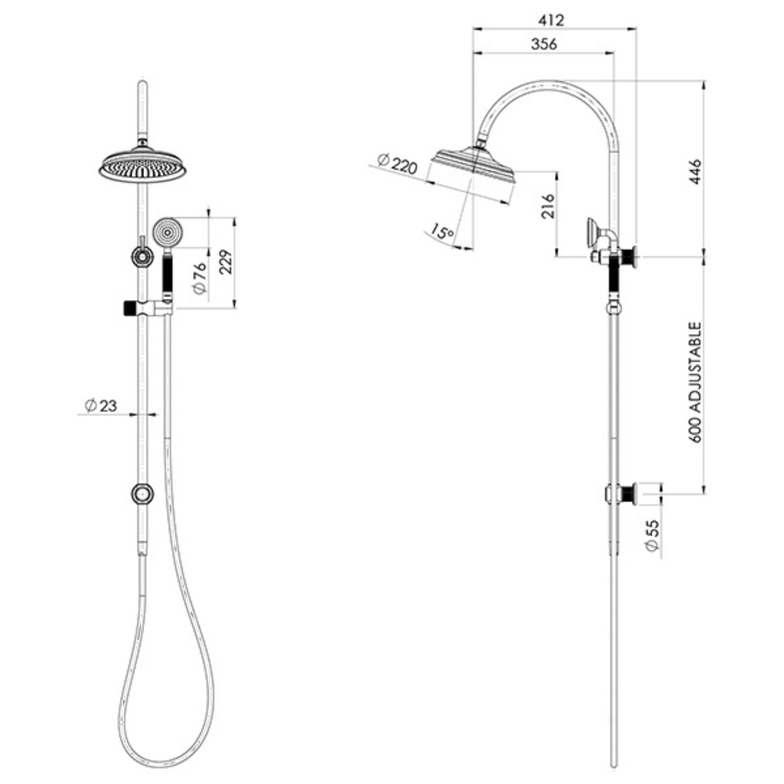 Technical Drawing Phoenix Wiltern Twin Shower Brushed Carbon 144-6510-31 - The Blue Space